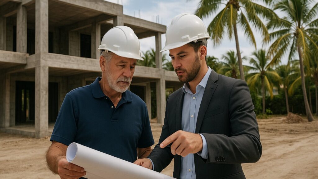 Owner and advisor reviewing plans together at a South Florida construction site